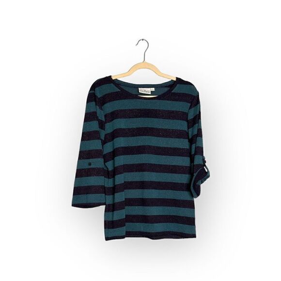 Patchington striped, black/green shimmery sweater polyester/rayon size large - Picture 2 of 9